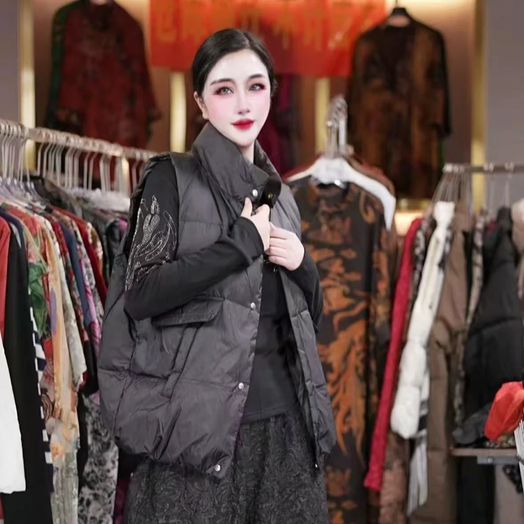 SD 轻薄白鸭绒翻盖立领马甲黑色  A001 短款时尚 外穿背心