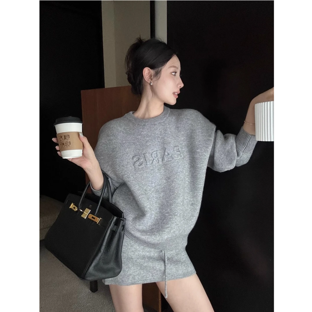 秋冬韩系立体字母灰色毛衣套装女针织半身裙短裙休闲气质高级套裙