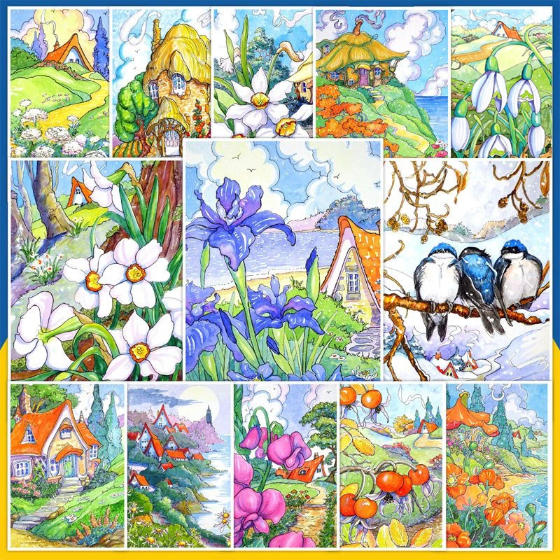 水彩风景田园/花卉 临摹卡A5尺寸 30张高清印刷 美术绘画素材