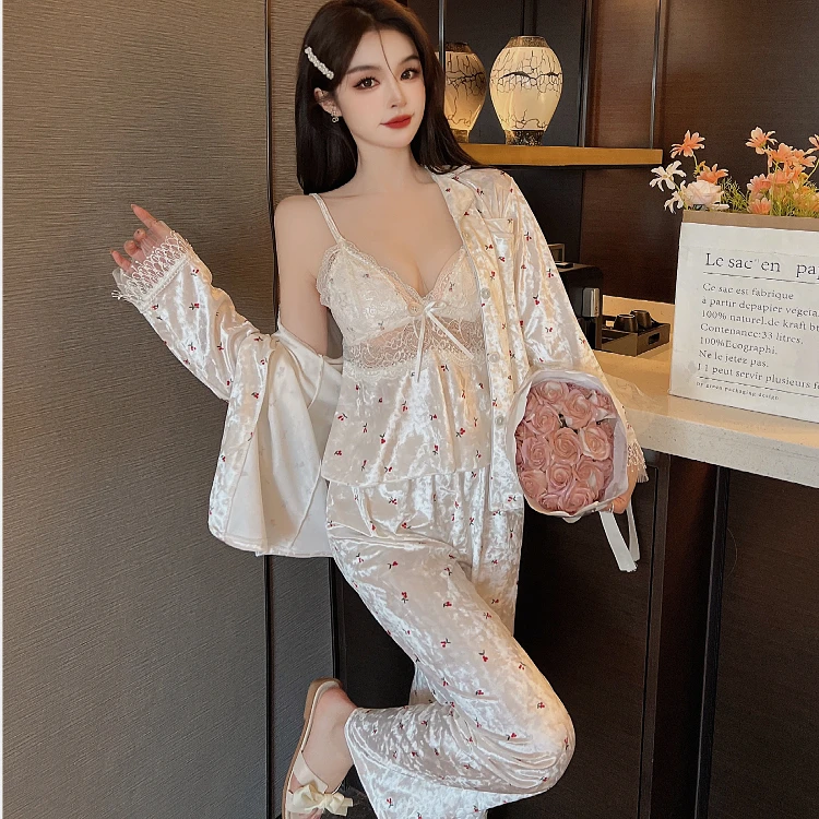 2022秋冬金丝绒简约睡衣女三件套韩国绒长裤三件套蕾丝边家居服