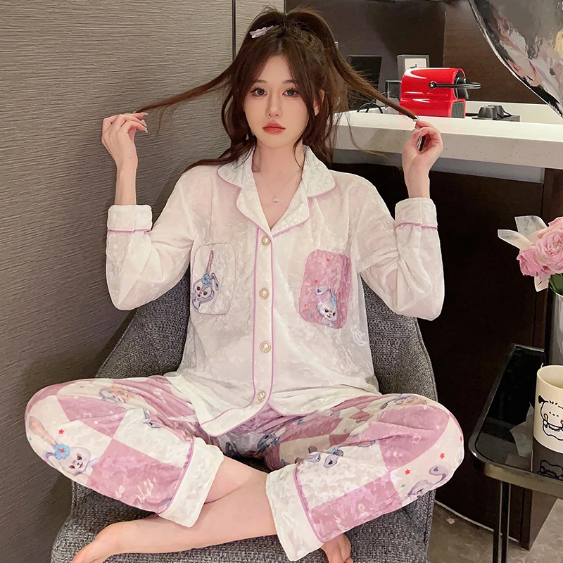 保暖丝绒睡衣女秋冬季长袖长裤套装卡通女士开衫可外穿家居服套装
