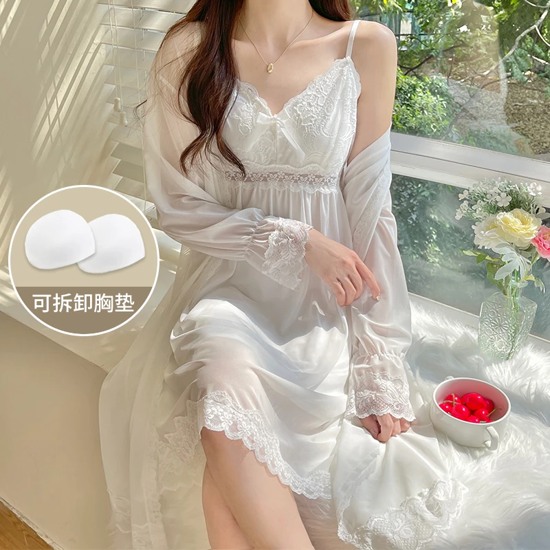吊带睡衣女款爆款2023新款夏睡裙莫代尔网纱法式睡袍两件套带胸垫