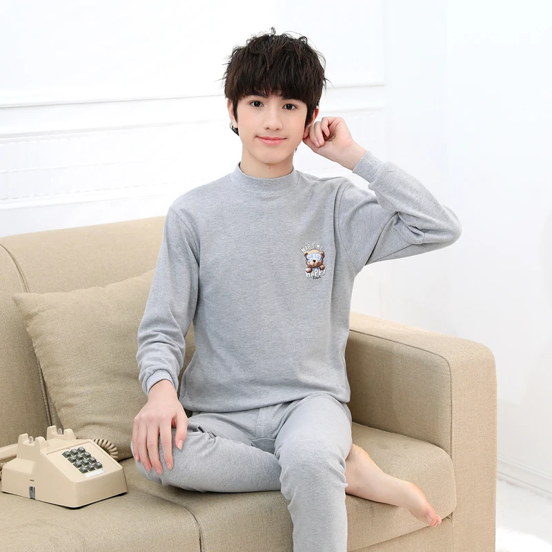 青少年纯色内衣套装男款棉毛衫初中高中学生纯棉打底秋衣秋裤套装