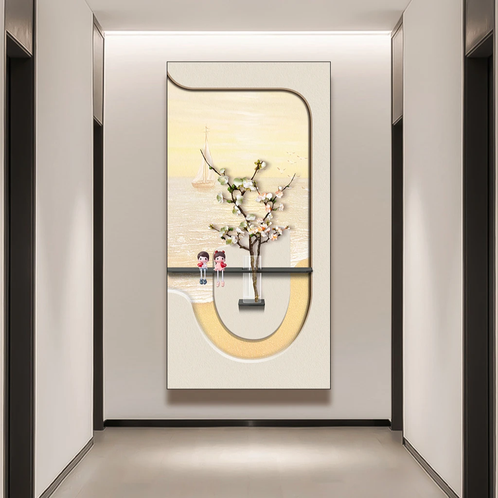 扬帆起航奶油风创意立体花瓶绿植摆件入户玄关走廊灯光装饰画