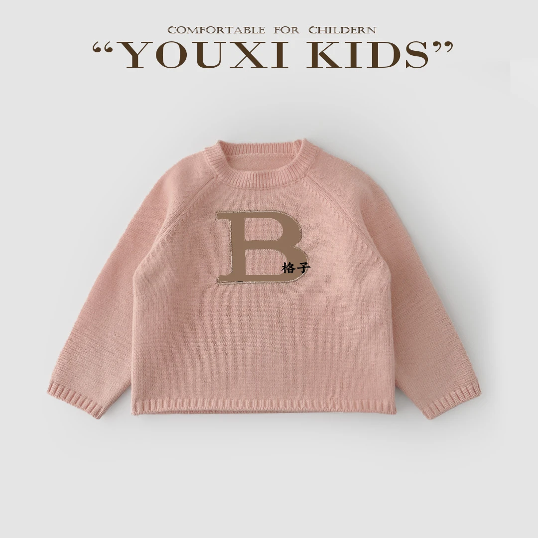 现飞飞家·粉红假日新款女童针织衫套头高级感格纹圆领毛衣