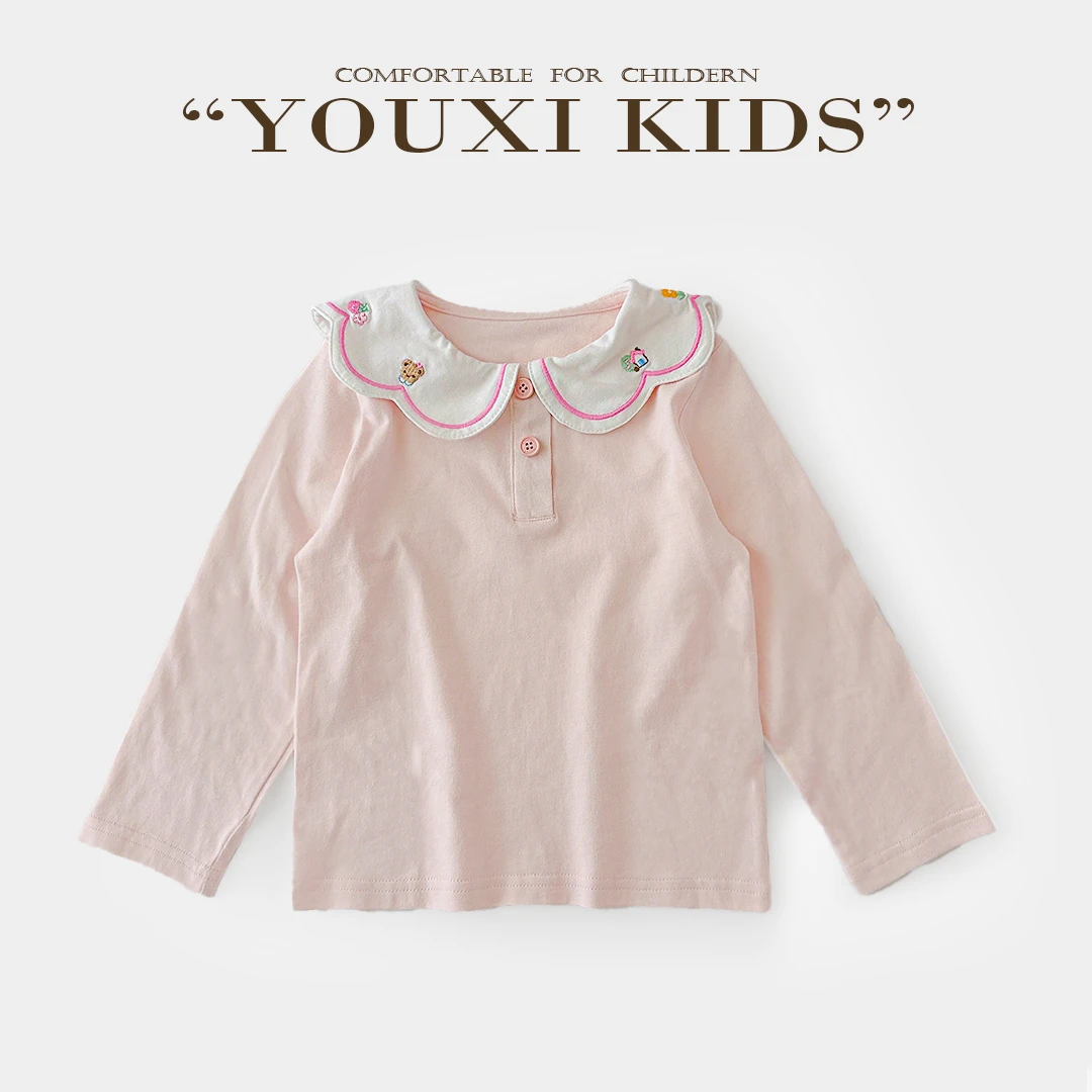 现飞飞家·浪漫桃心新款秋女女童花瓣领重工刺绣柔软打底衫 FF2403