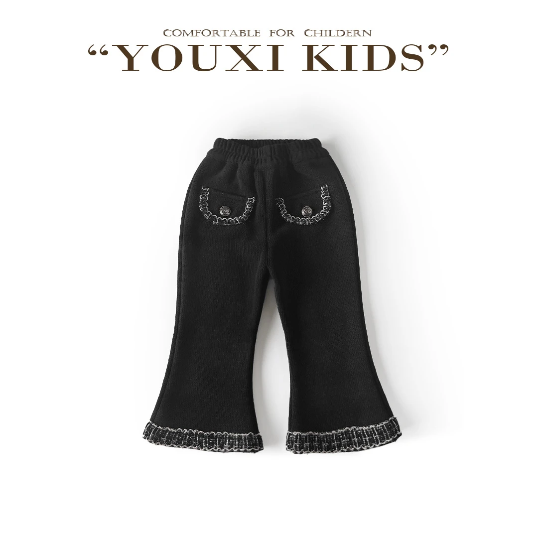 现飞飞家·时髦秘籍24新款秋冬女童小香风黑色精致微喇裤子 FF2475