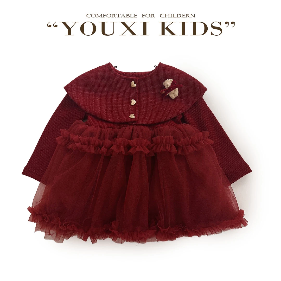 现飞飞家·莫斯小熊新款冬公主裙亮晶晶红色过年纱纱连衣裙 FF2459