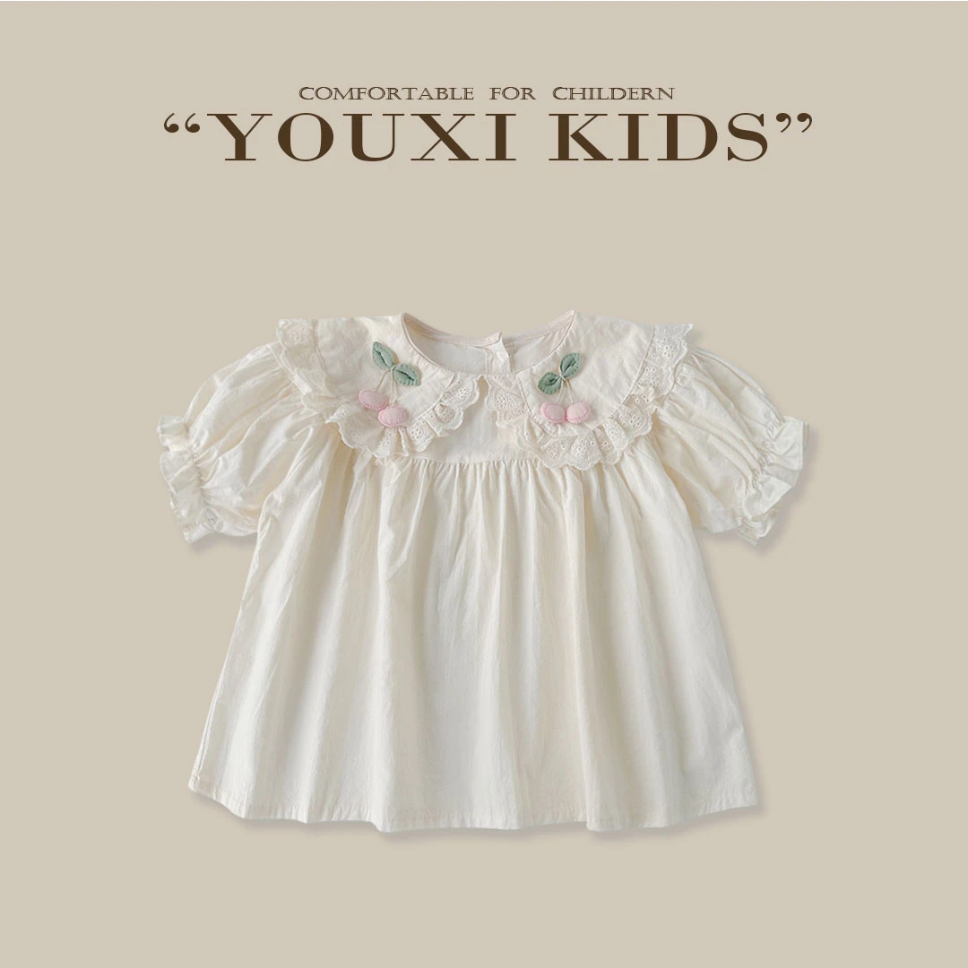 飞飞家·粉樱24新款女童秋款花边娃娃领杏色立体樱桃娃娃衫 FF2341