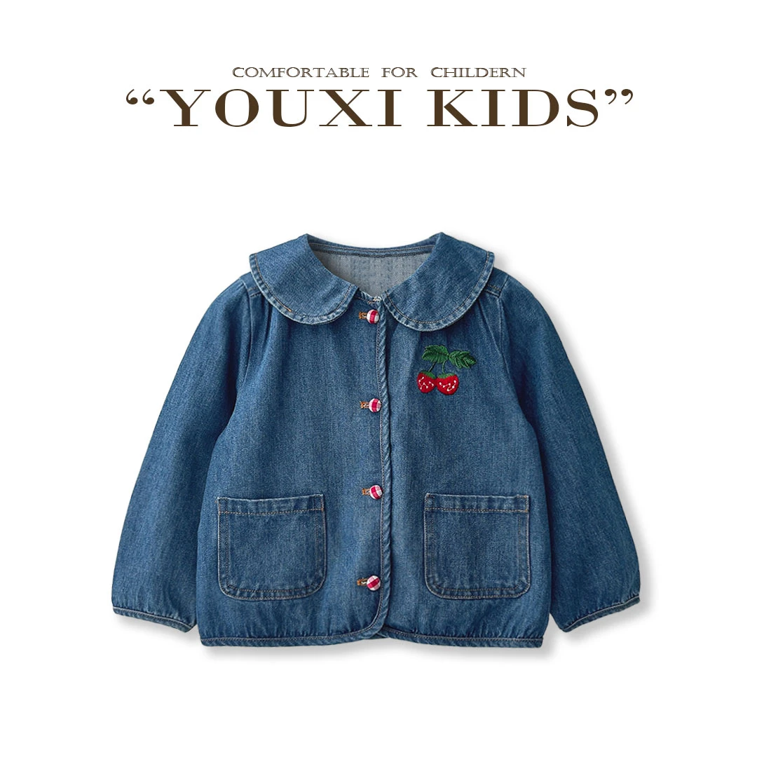 现飞飞家·蓝调故事家24新款女童秋季蓝色牛仔樱桃刺绣外套 FF2246