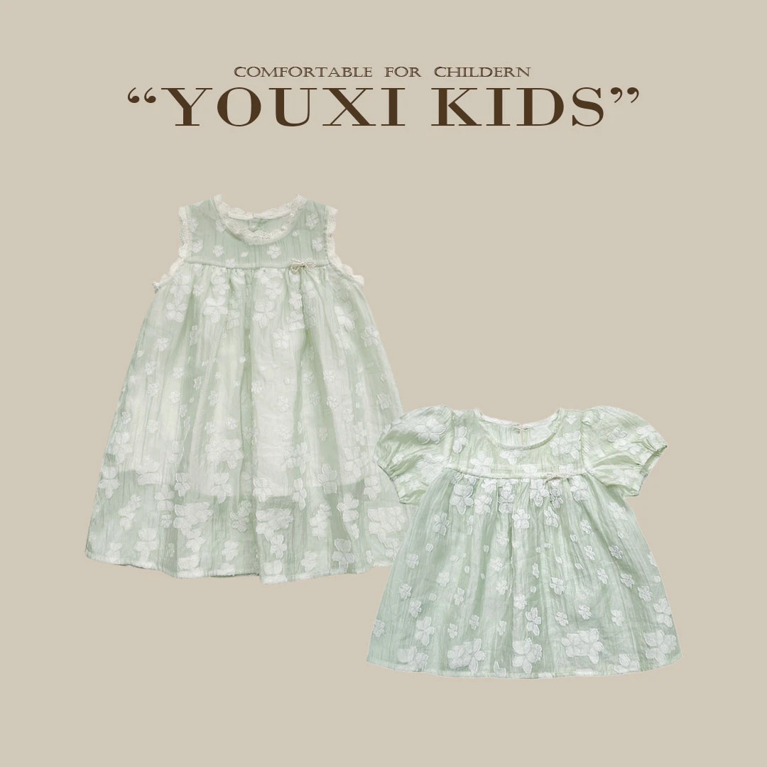 现【栀子花开】儿童日常泡泡袖蕾丝韩系绿色穿流少女上衣FF2119