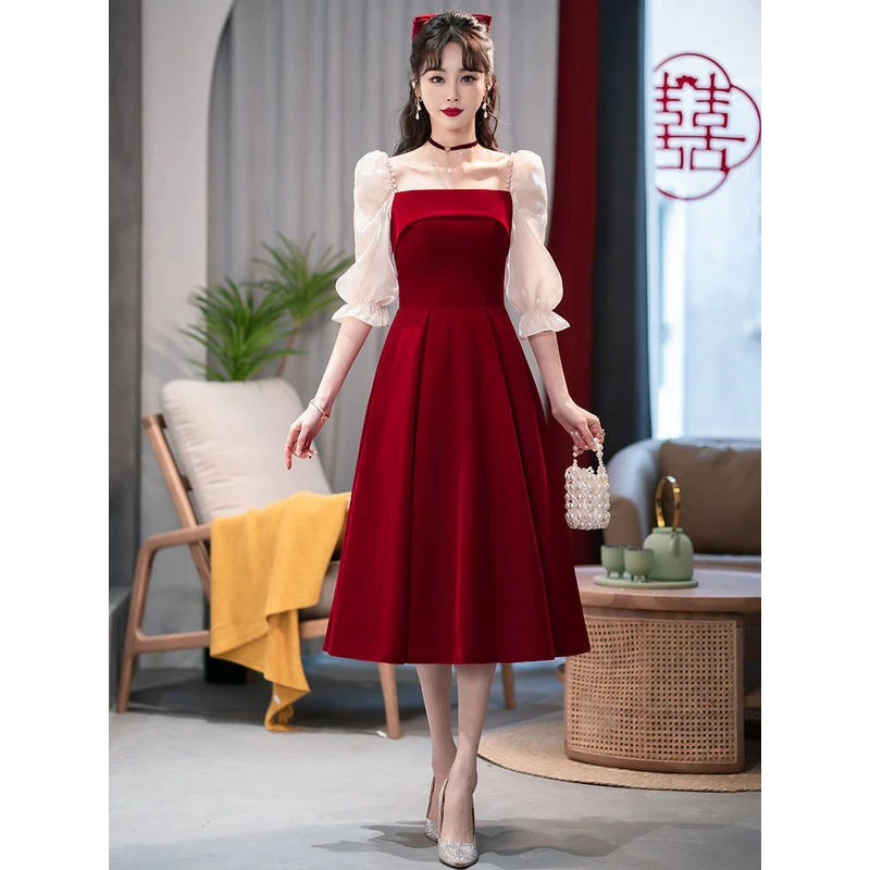 酒红色小礼服裙夏季裙子敬酒服新娘平时可穿订婚中式婚礼红色礼服