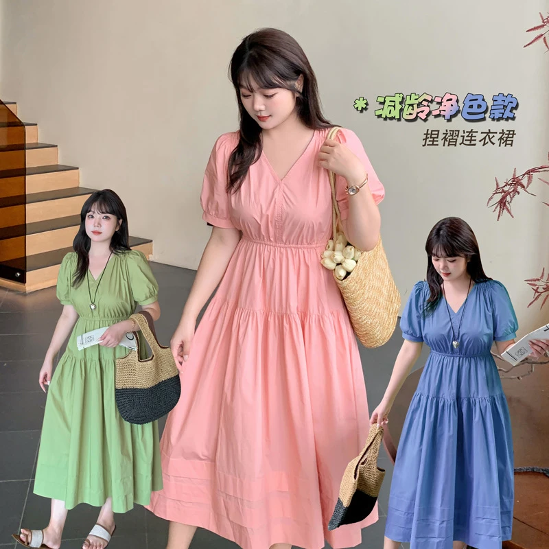 k2770大码女装夏季新款韩版宽松适合温柔纯色棉布减龄连衣裙