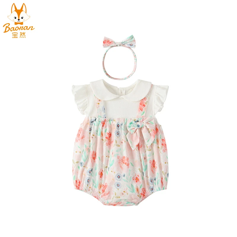 宝然女宝宝夏装碎花连体哈衣婴儿包屁衣幼儿洋气外出服无袖3258