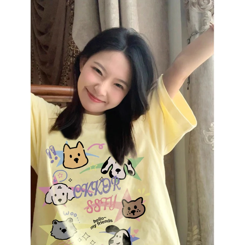 FOPJ重磅硬挺纯棉夏季卡通狗狗印花短袖t恤女宽松学院风圆领上衣