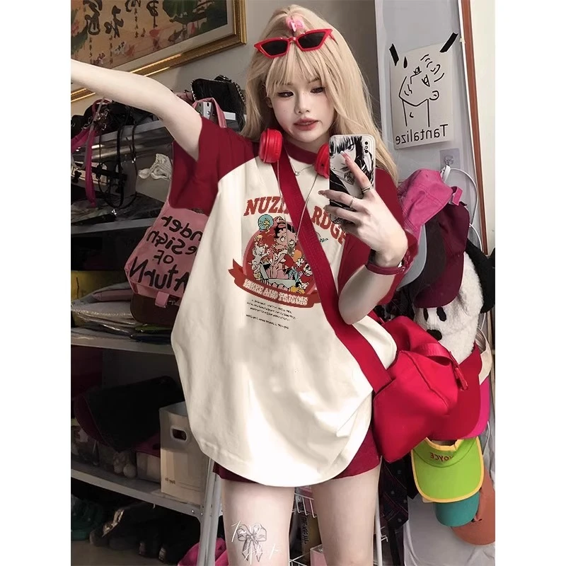 FOPJ美式酒红色拼接短袖t恤女2025新款百搭小众ins设计感插肩袖