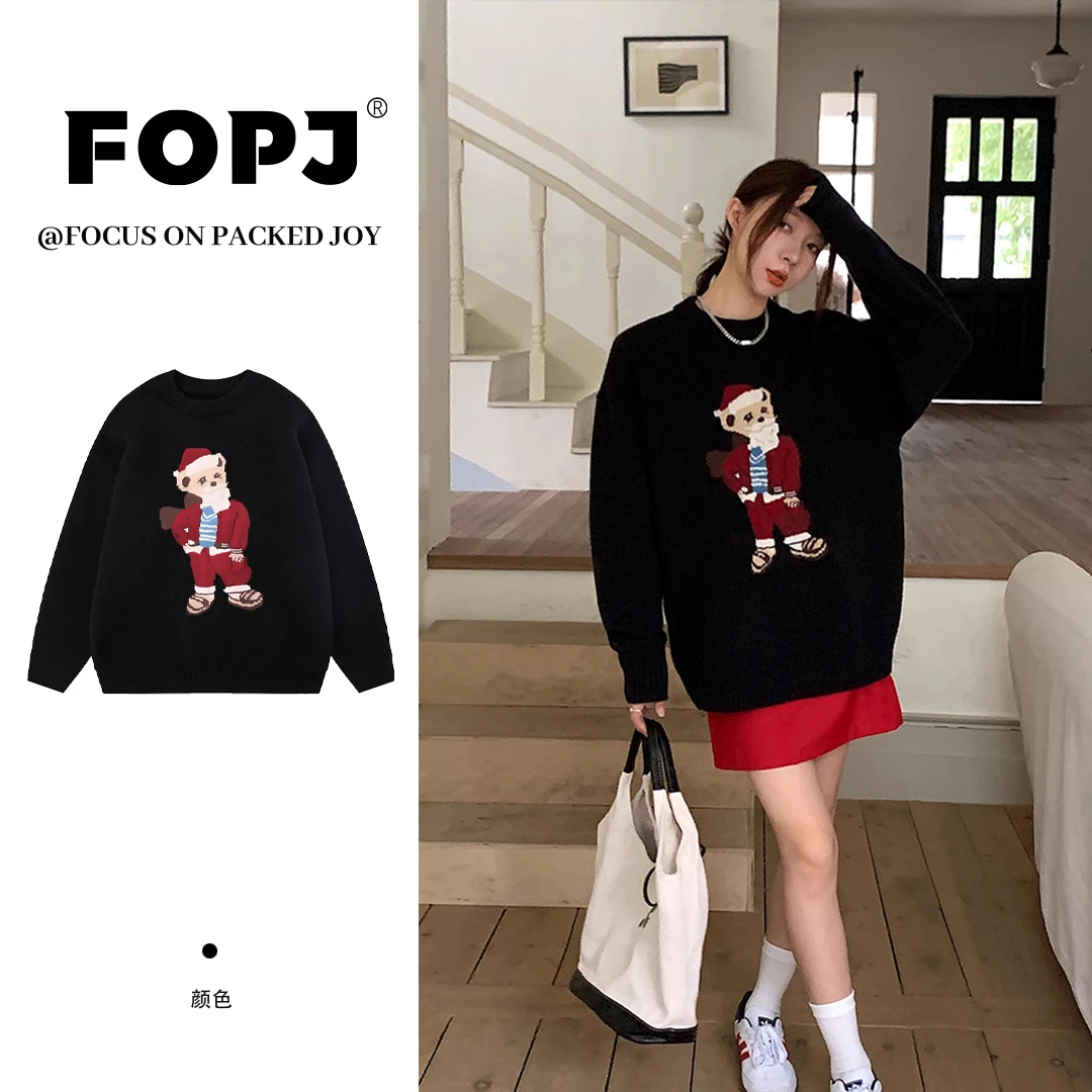 FOPJ春秋慵懒风网红时尚圣诞老人印花圆领毛衣女宽松长袖套头外套