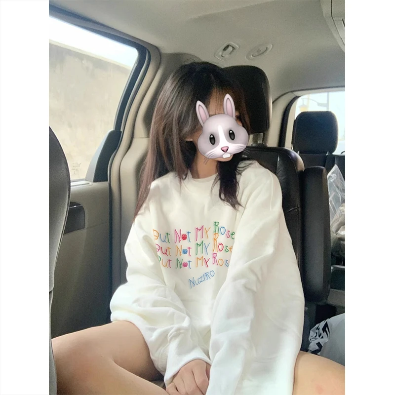 FOPJ白色2025新款春秋季圆领卫衣宽松印花长袖上衣衣服男女同款潮