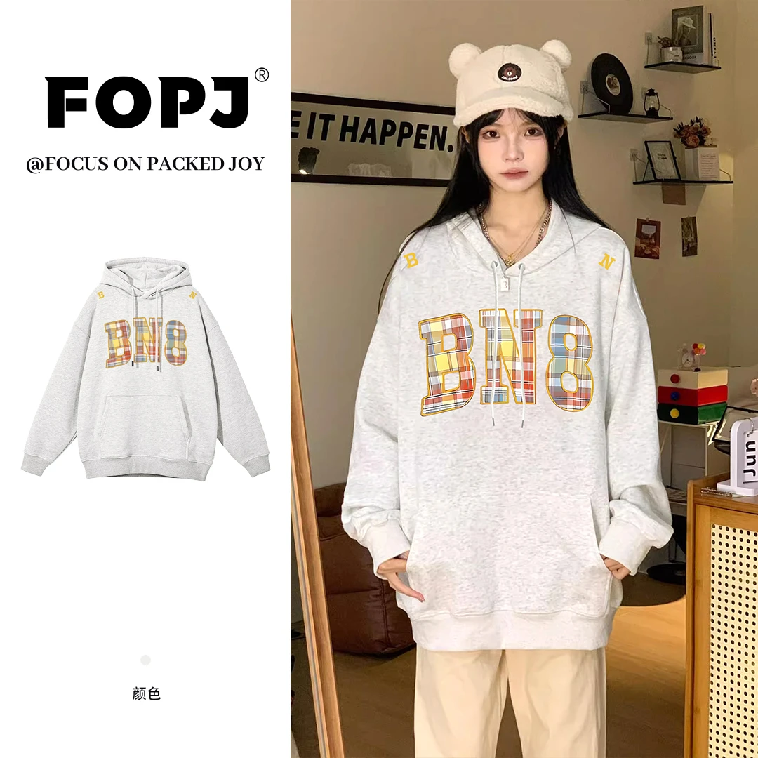 FOPJ时尚潮流印花连帽衫白灰色卫衣女春秋季学生加绒加厚长袖外套