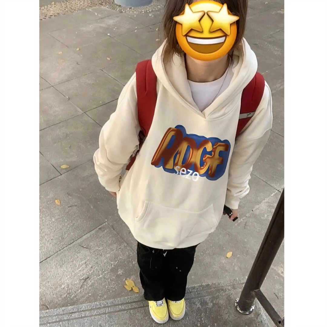 FOPJ杏色美式复古卫衣chic早春外套女薄款新款宽松连帽加绒上衣