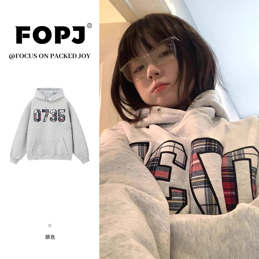 FOPJ美式字母印花扣帽卫衣女春秋季新款加绒加厚宽松oversize长袖