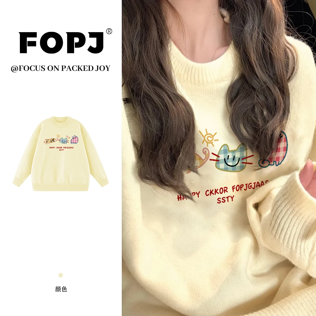 FOPJ红人上新时尚慵懒风宽松圆领毛衣卡通印花春秋季套头长袖外套