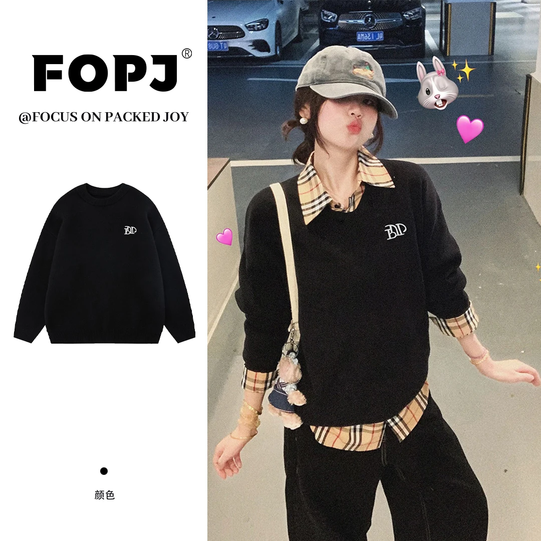 FOPJ慵懒风韩版圆领套头毛衣女春秋长袖时尚印花加厚保暖打底上衣