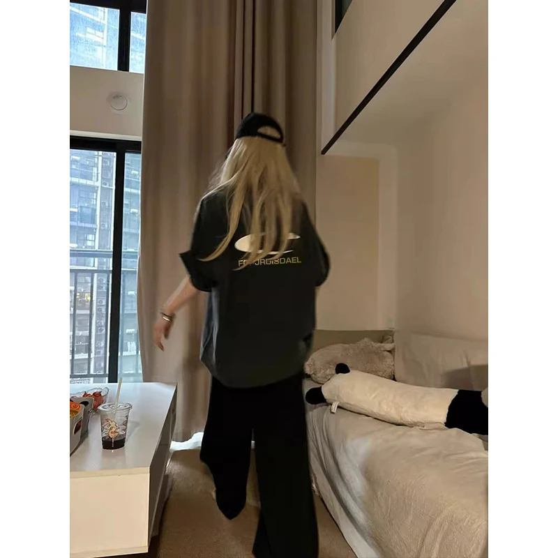 FOPJ重磅硬挺纯棉国潮字母印花黑色短袖t恤女百搭休闲夏季ins上衣