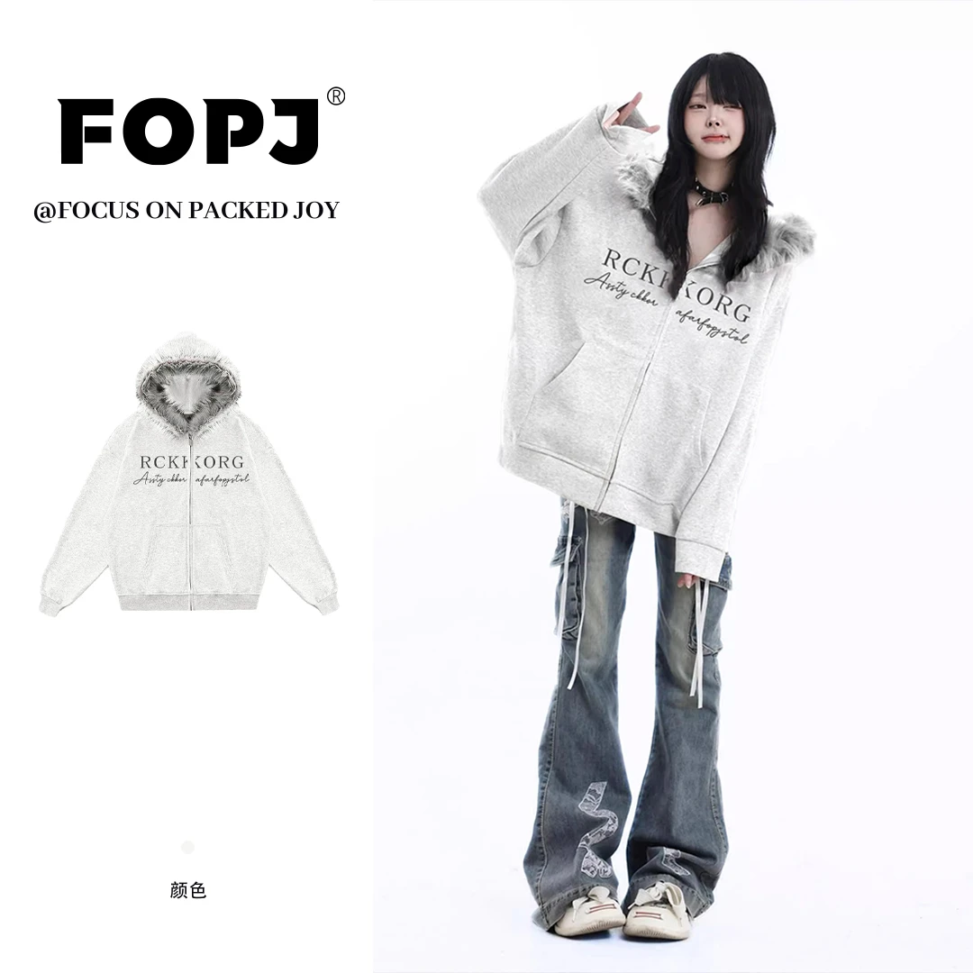 FOPJ美式复古连帽开衫卫衣女春秋季加绒毛领时尚印花保暖拉链外套