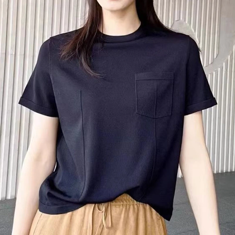 【AMSSGIRD】2025新款简约时尚休闲百搭显瘦圆领纯色冰丝短袖T恤女