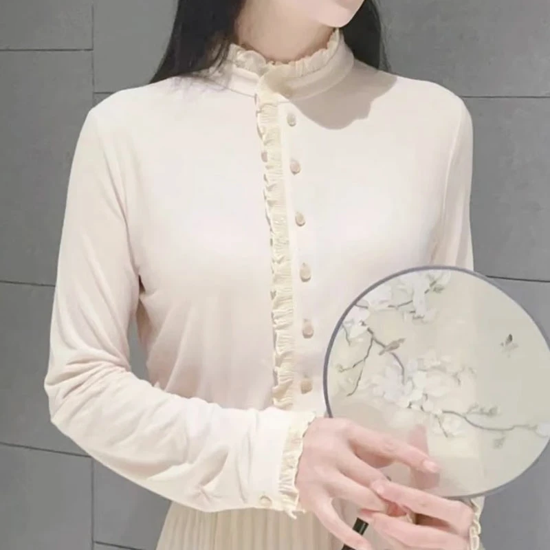 【商场同款】2025春款修身百搭立领牛奶丝木耳边长袖衬衣衬衫