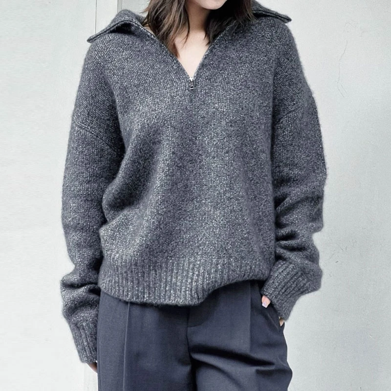 【商场同款】2025新款百搭简约慵懒宽松半开襟拉链套头针织衫毛衣
