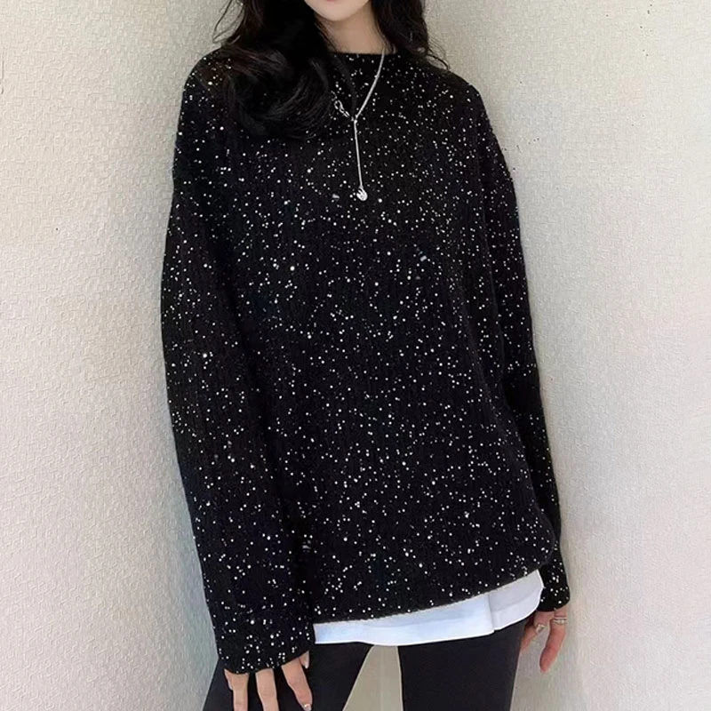 【商场同款】2025新款时尚宽松百搭中长款破洞结珠纱星空针织衫毛衣