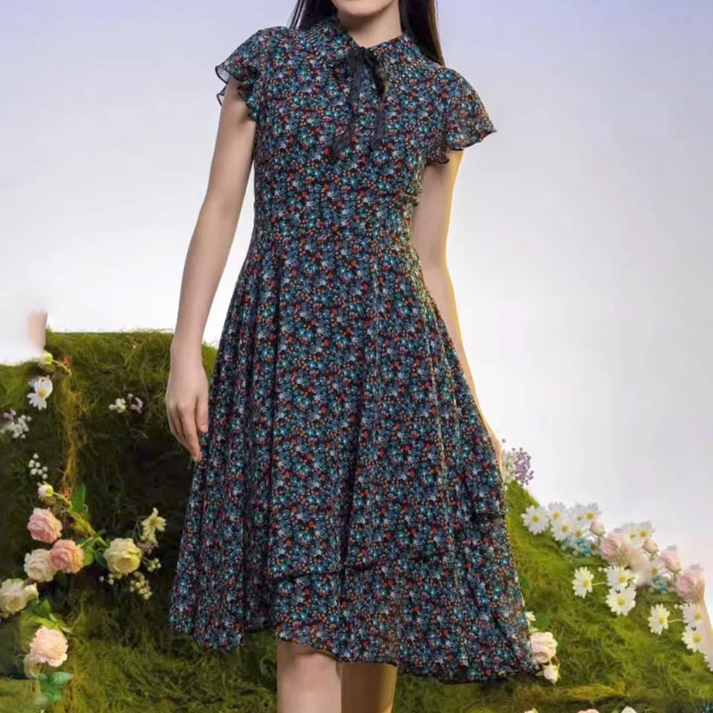 【商场同款】2025新款减龄气质轻盈飘带小飞袖碎花裙女印花裙子