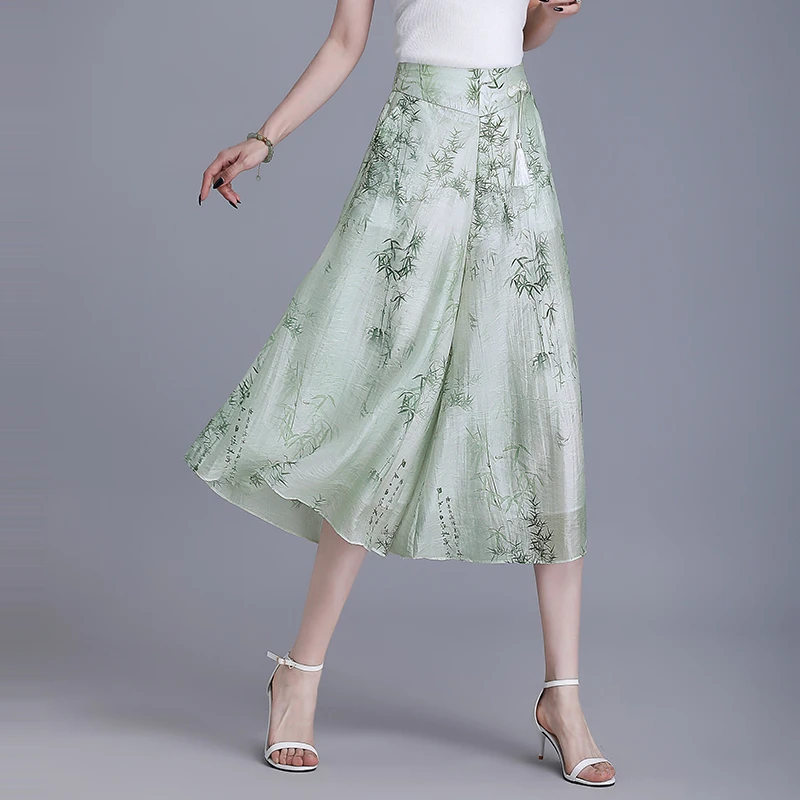 新中式国风印花裙裤女夏季2025新款洋气高腰显瘦垂感七分阔腿裤子
