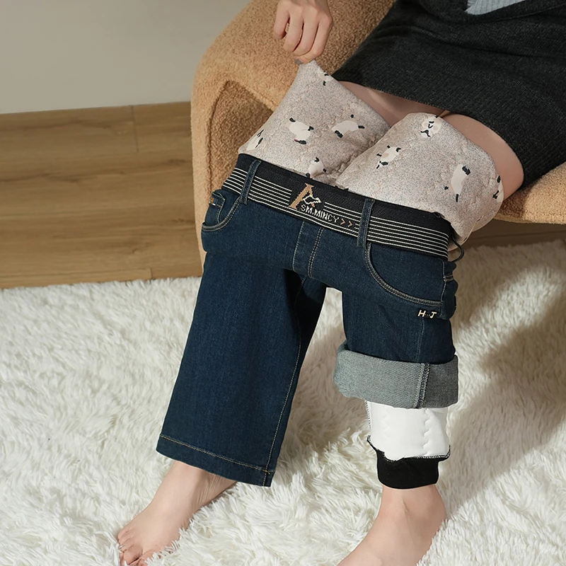 牛仔直筒棉裤女外穿松紧高腰冬季2025新款加厚保暖显瘦阔腿裤长裤