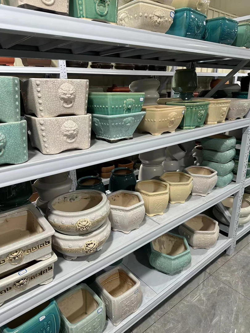 2号链接花盆冰裂纹绿白陶瓷盆景盆栽浮雕