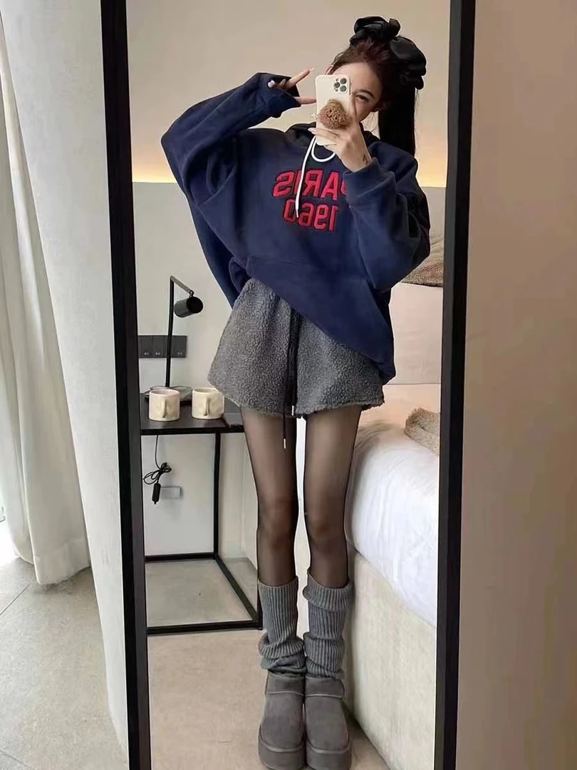 羊羔毛阔腿加厚冬季韩版毛茸茸百搭休闲ins短裤oversize宽松显瘦