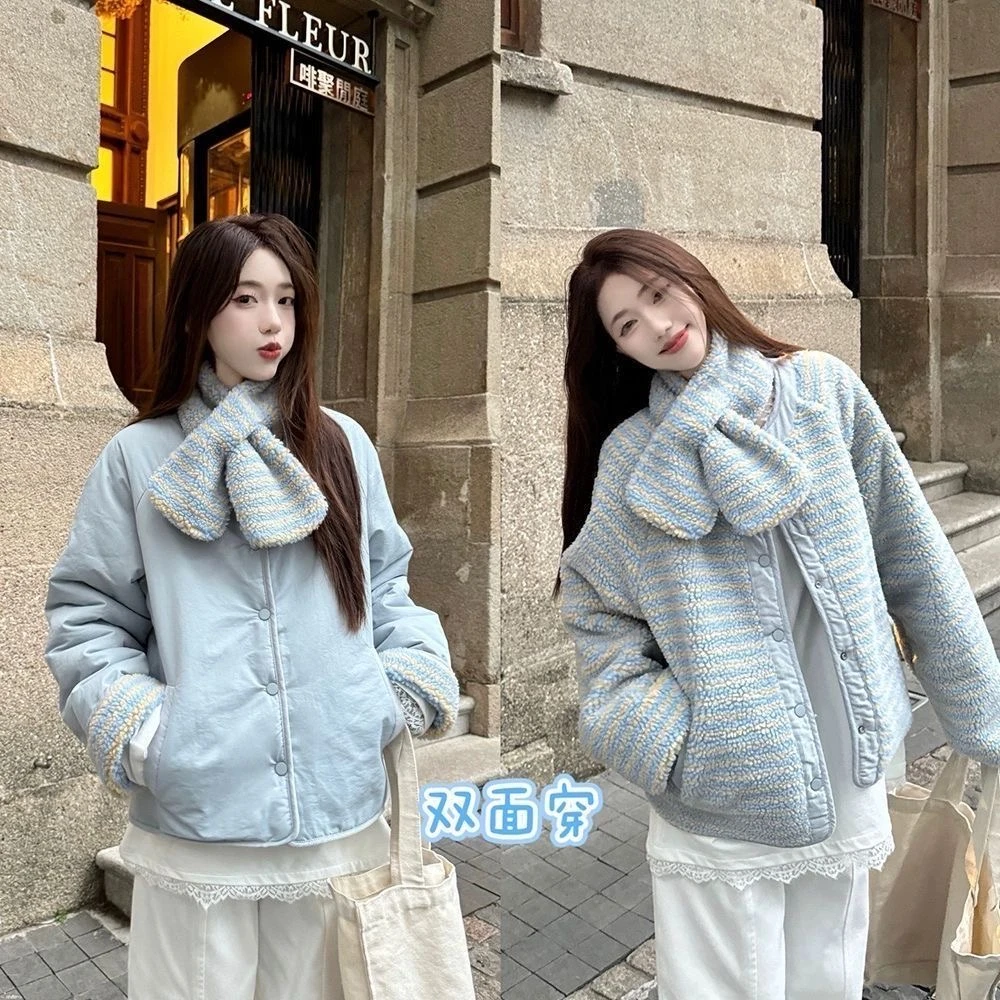 加厚保暖蓝色长袖棉服外套女冬季双面穿宽松甜美正反两穿棉衣棉袄