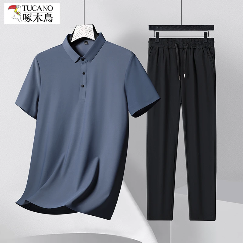 【冰丝套装】啄木鸟无痕男士短袖T恤夏季男装休闲polo衫父亲节礼物