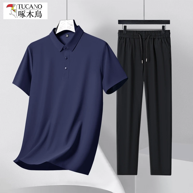 啄木鸟【两件装】无痕男士短袖T恤夏季商务休闲爸爸装POLO衫休闲裤