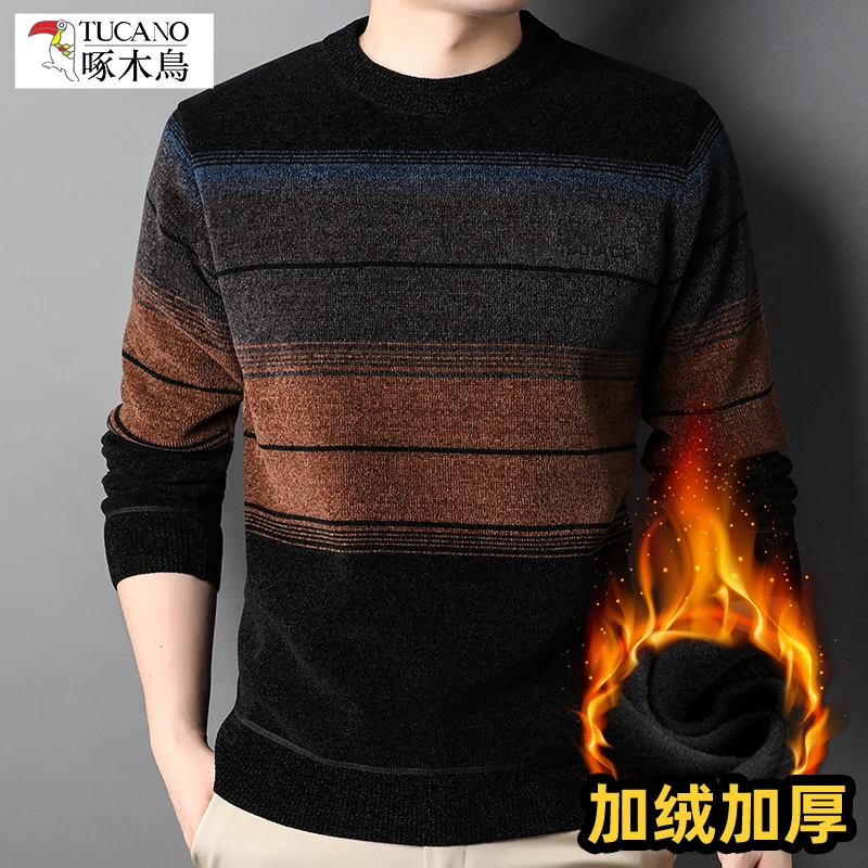 啄木鸟爸爸装圆领加绒加厚毛衣中年男士条纹雪尼尔针织衫秋冬冬季