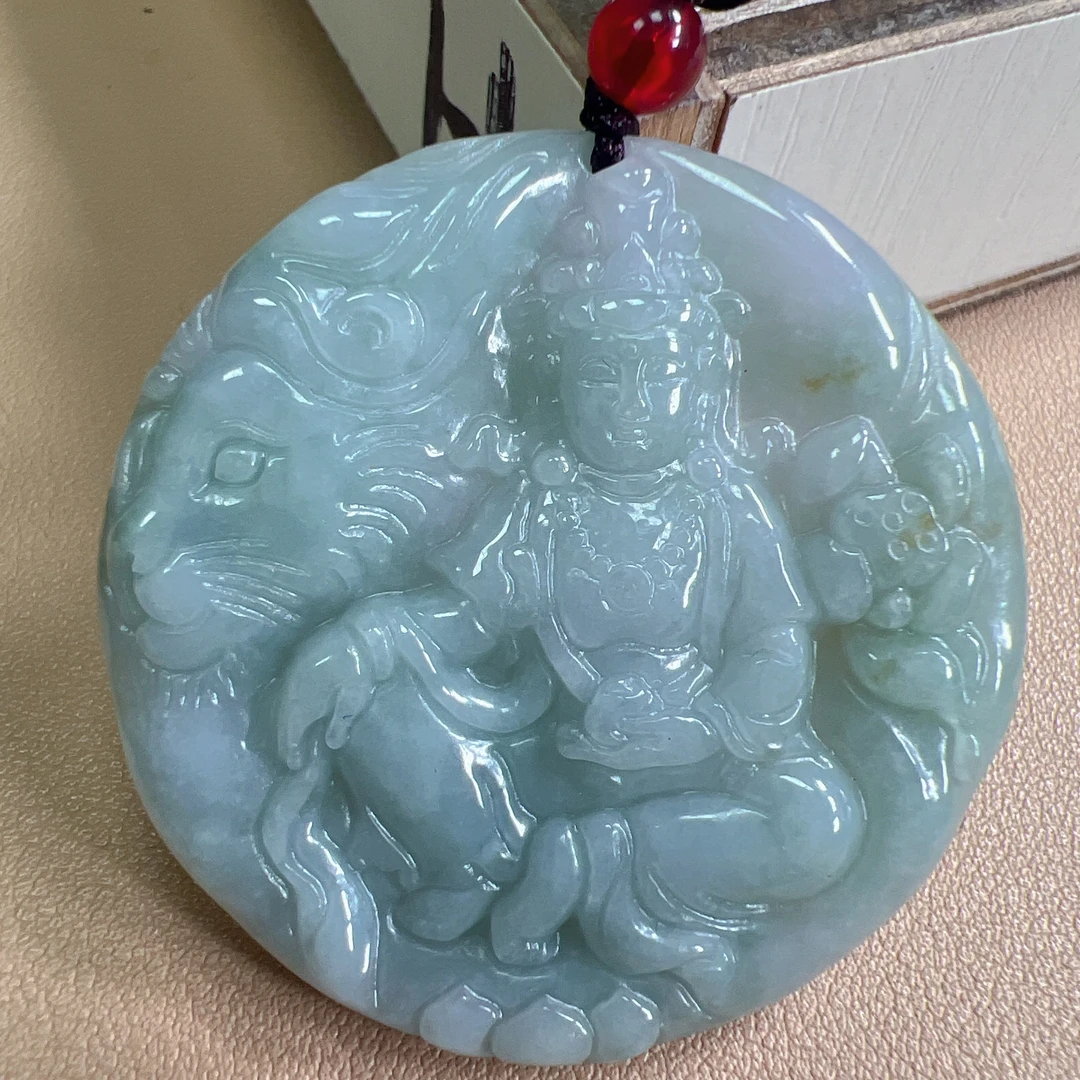 天然缅甸翡翠A货吊坠文殊菩萨
