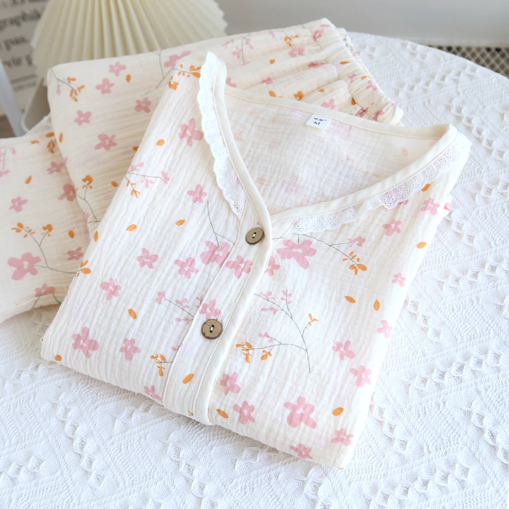 婴儿棉纱~双层纱布睡衣女套装A类纯棉2024新款春秋薄款长袖家居服