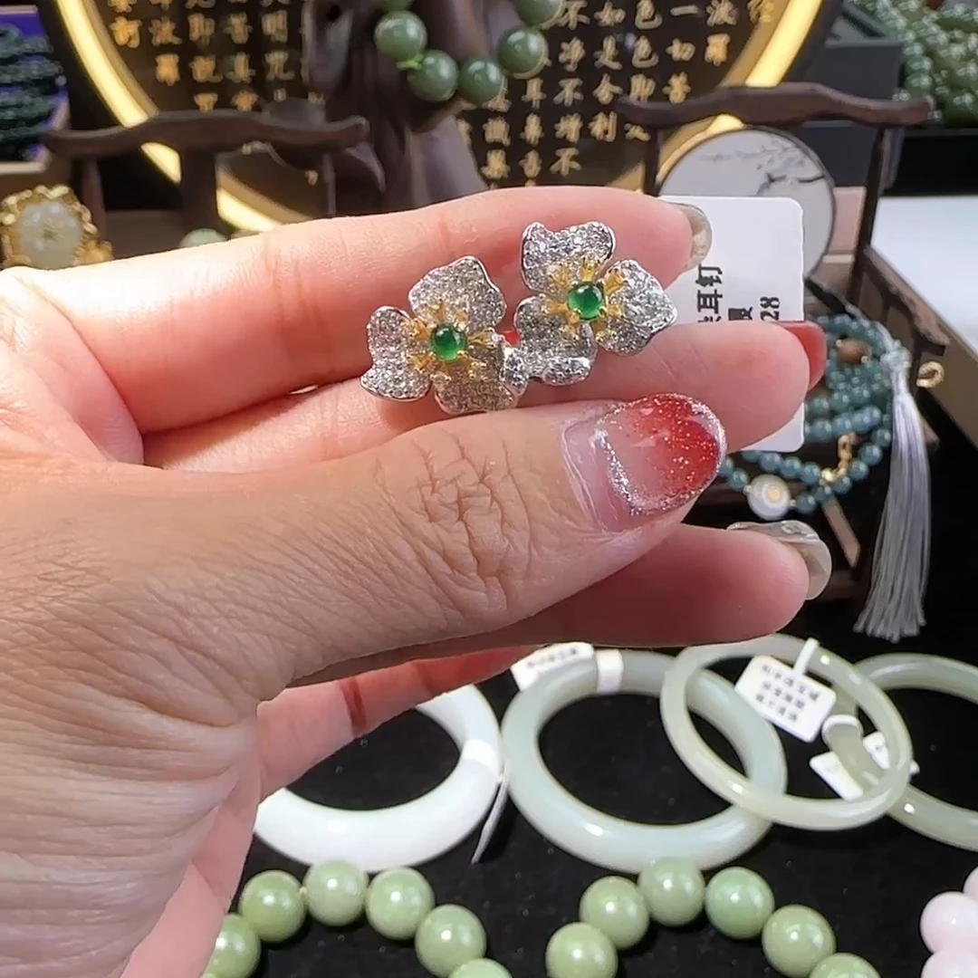 翡翠山茶花耳钉气质时尚百搭复古精美多样性发其一