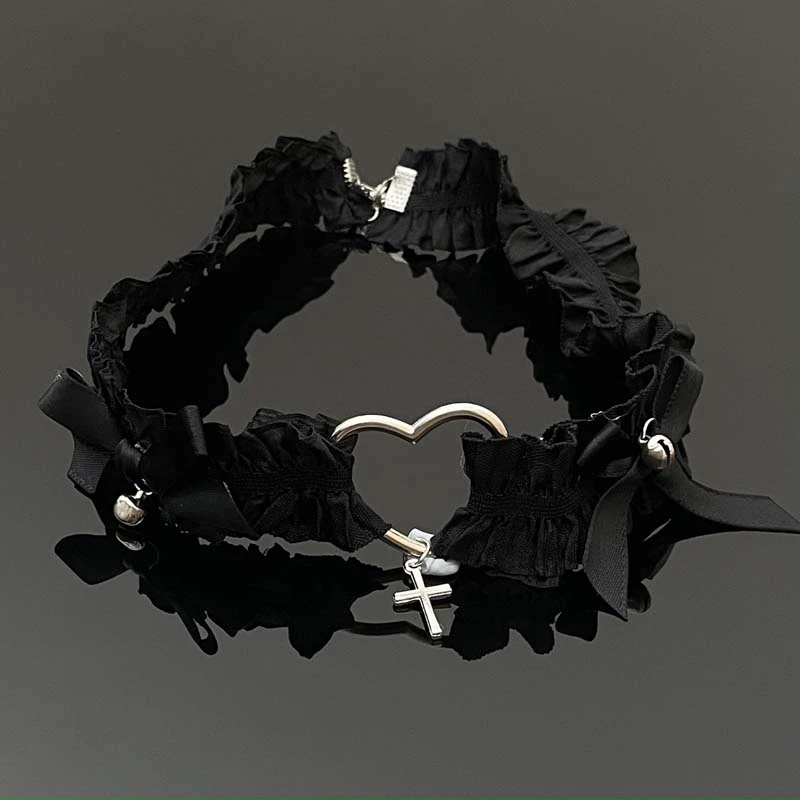 合金布艺项链 X1973-1镂空爱心气质时尚复古简约个性黑色花边项链