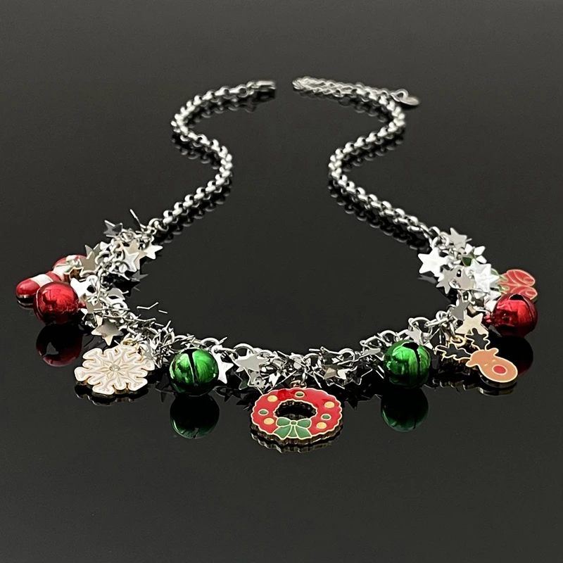 合金亚克力项链 X2606-1圣诞复古彩色气质轻奢时尚设计感铃铛项链
