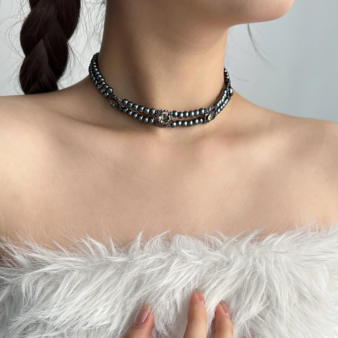 合金树脂项链 X4835-1时尚潮流精致百搭个性灰色串珠小众饰品项链