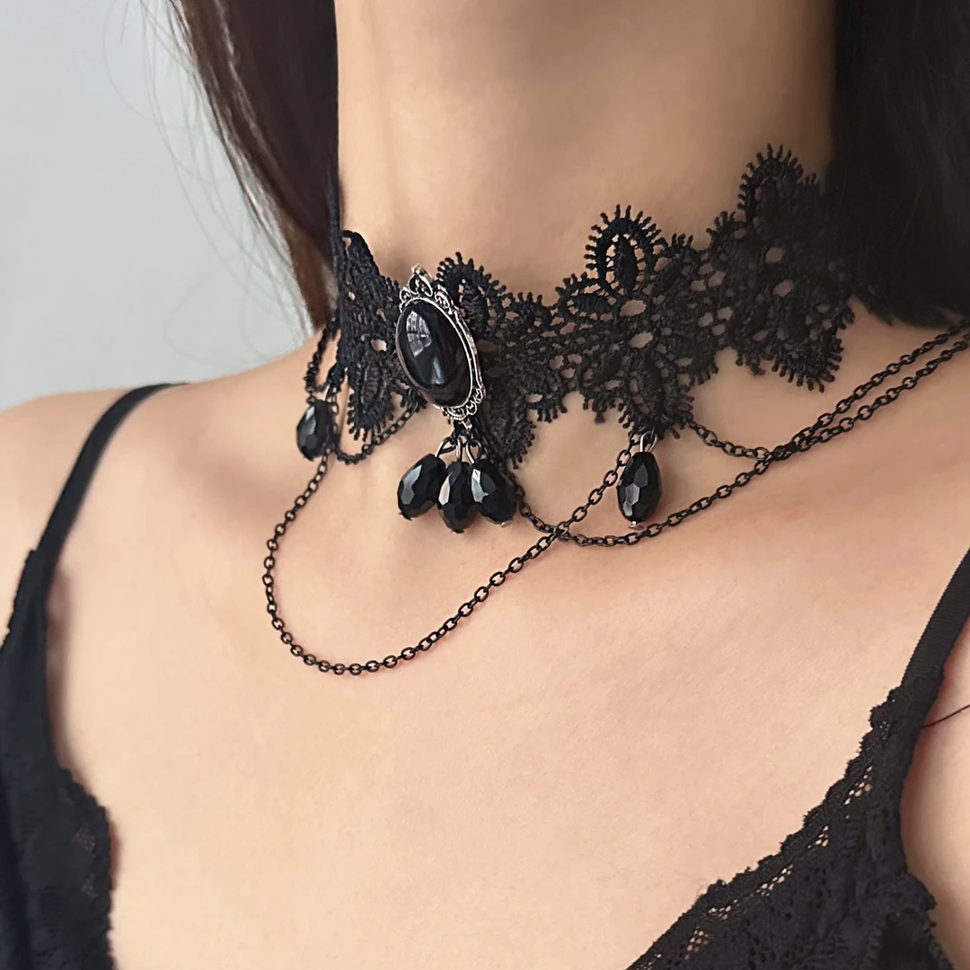 合金布艺项链 X5116-1时尚精致小众百搭设计感高级感黑色蕾丝项链