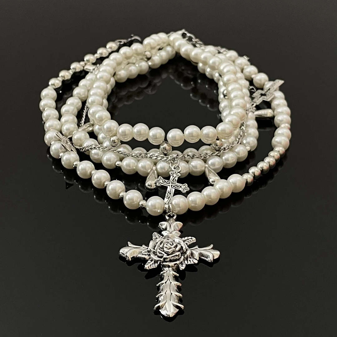 合金仿珍珠项链 X2788-1时尚欧美气质复古百搭个性ins十字架项链